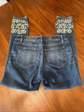 Miss Me Dark Indigo Skinny Jeans with Cream Floral Embroidery